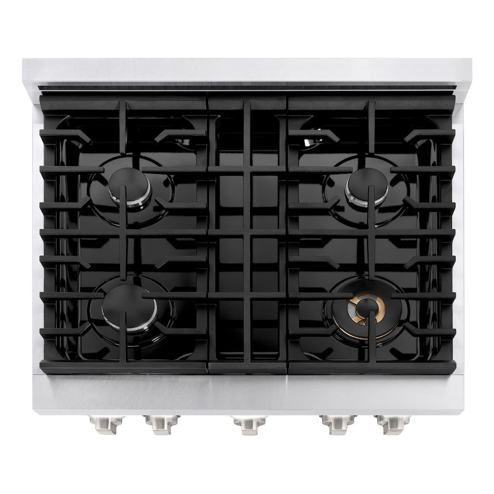 ZLINE 30 in. 4.2 cu. ft. Paramount Gas Range with 4 Burner Cooktop and Convection Gas Oven in Satin Stainless Steel (SGRS-30) top-down, above cooktop.