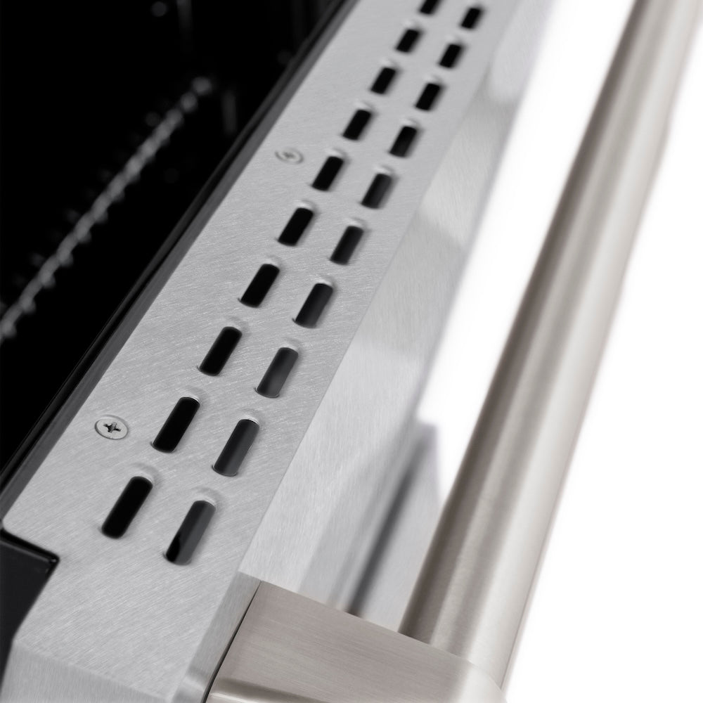 ZLINE 36 in. 5.2 cu. ft. Paramount Gas Range with 6 burner Cooktop and Convection Gas Oven in Satin Stainless Steel (SGRS-36) close-up, oven slightly open, showing Satin Stainless Steel non-directional circular finish.