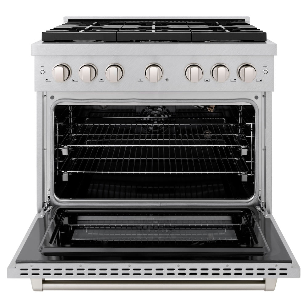 ZLINE 36 in. 5.2 cu. ft. Paramount Gas Range with 6 burner Cooktop and Convection Gas Oven in Satin Stainless Steel (SGRS-36) front, oven open.