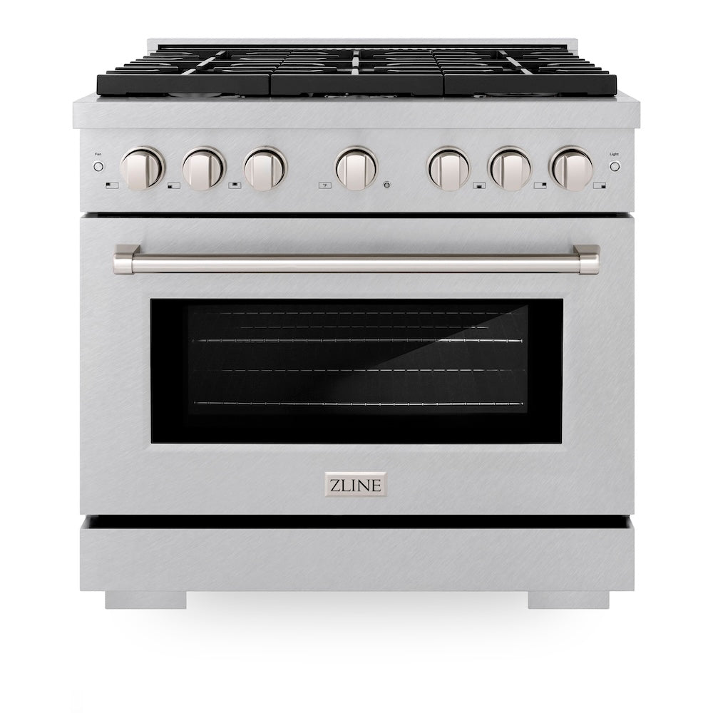 ZLINE 36 in. 5.2 cu. ft. Paramount Gas Range with 6 burner Cooktop and Convection Gas Oven in Satin Stainless Steel (SGRS-36) front.