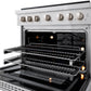 ZLINE 36 in. 5.2 cu. ft. Paramount Gas Range with 6 burner Cooktop and Convection Gas Oven in Satin Stainless Steel (SGRS-36) front, oven open showing interior racks and lights.