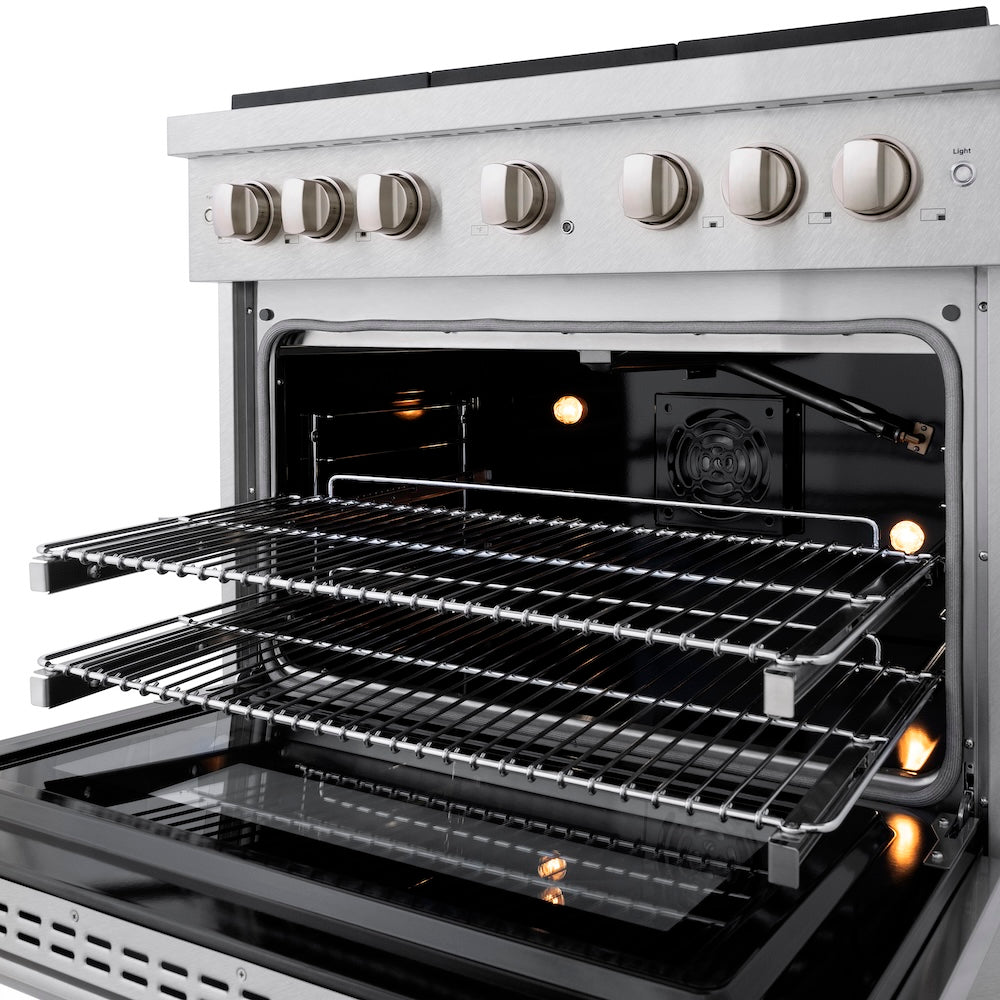 ZLINE 36 in. 5.2 cu. ft. Paramount Gas Range with 6 burner Cooktop and Convection Gas Oven in Satin Stainless Steel (SGRS-36) front, oven open showing interior racks and lights.