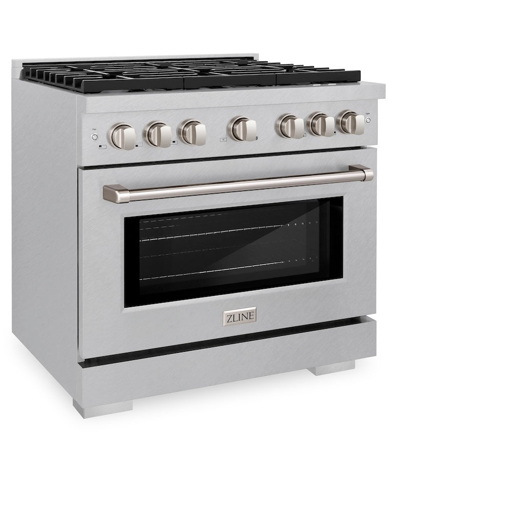 ZLINE 36 in. 5.2 cu. ft. Paramount Gas Range with 6 burner Cooktop and Convection Gas Oven in Satin Stainless Steel (SGRS-36) side.