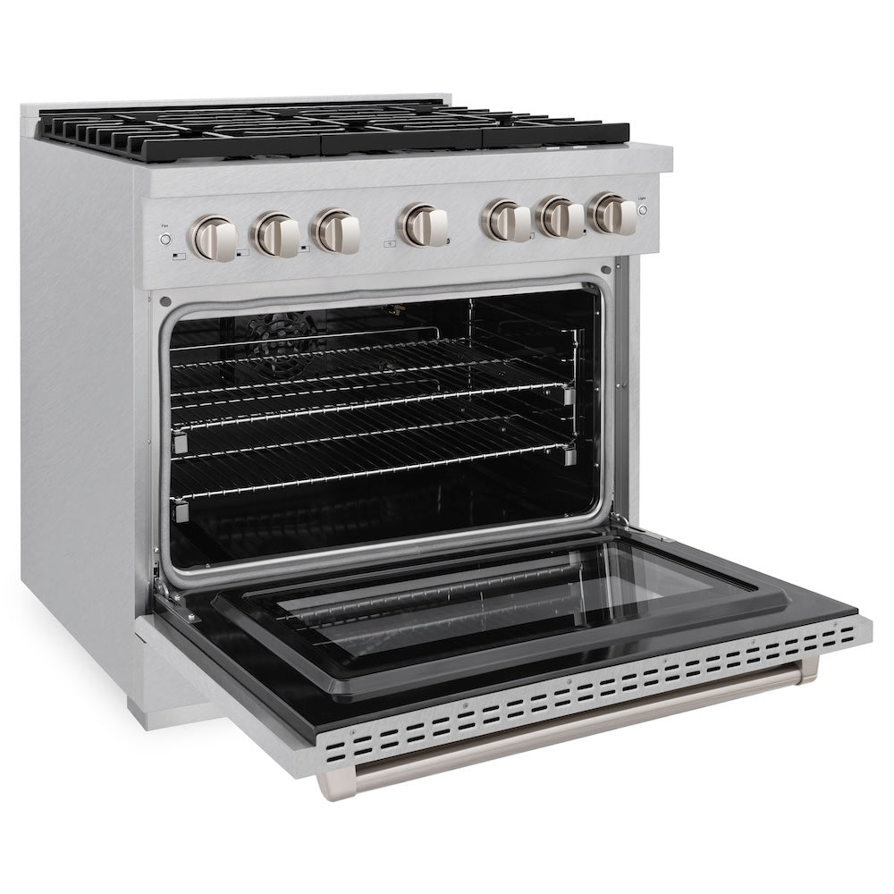 ZLINE 36 in. 5.2 cu. ft. Paramount Gas Range with 6 burner Cooktop and Convection Gas Oven in Satin Stainless Steel (SGRS-36) side, oven open.