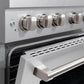 ZLINE 48 in. 6.7 cu. ft. Paramount Double Oven Gas Range with 8 Burner Cooktop in Satin Stainless Steel (SGRS-48) close-up, oven slightly open, showing Satin Stainless Steel non-directional circular finish.