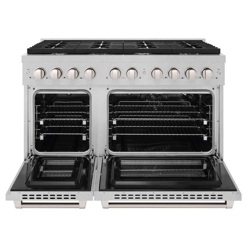 ZLINE 48 in. 6.7 cu. ft. Paramount Double Oven Gas Range with 8 Burner Cooktop in Satin Stainless Steel (SGRS-48) front, oven open.