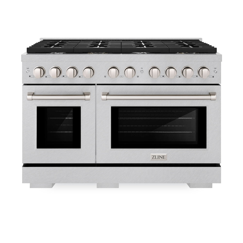 ZLINE 48 in. 6.7 cu. ft. Paramount Double Oven Gas Range with 8 Burner Cooktop in Satin Stainless Steel (SGRS-48) front.