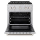 ZLINE 30 in. 4.2 cu. ft. Paramount Gas Range with Convection Gas Oven in Satin Stainless Steel with 4 Brass Burners (SGRS-BR-30) front, oven open.