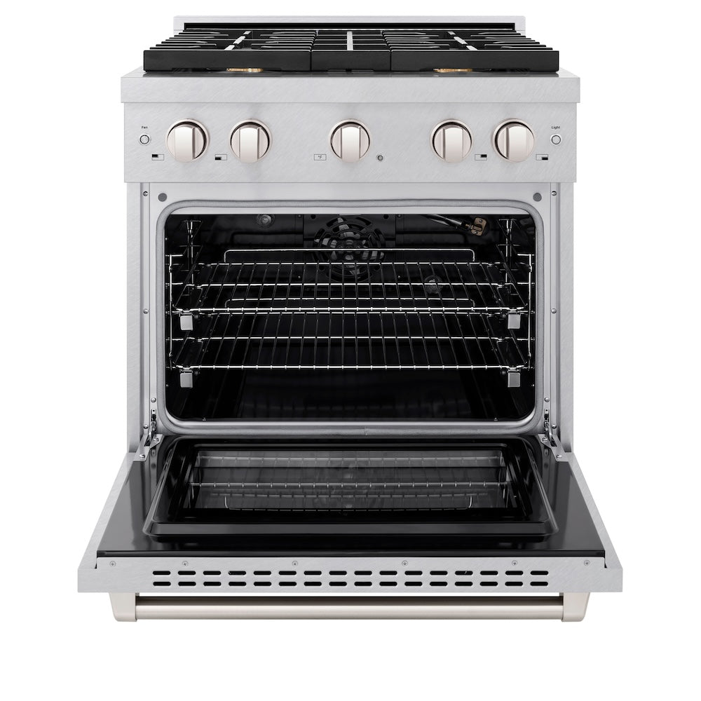 ZLINE 30 in. 4.2 cu. ft. Paramount Gas Range with Convection Gas Oven in Satin Stainless Steel with 4 Brass Burners (SGRS-BR-30) front, oven open.