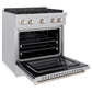 ZLINE 30 in. 4.2 cu. ft. Paramount Gas Range with Convection Gas Oven in Satin Stainless Steel with 4 Brass Burners (SGRS-BR-30) side, open.