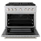 ZLINE 36 in. 5.2 cu. ft. Paramount Gas Range with Convection Gas Oven in Satin Stainless Steel with 6 Brass Burners (SGRS-BR-36) front, oven open.