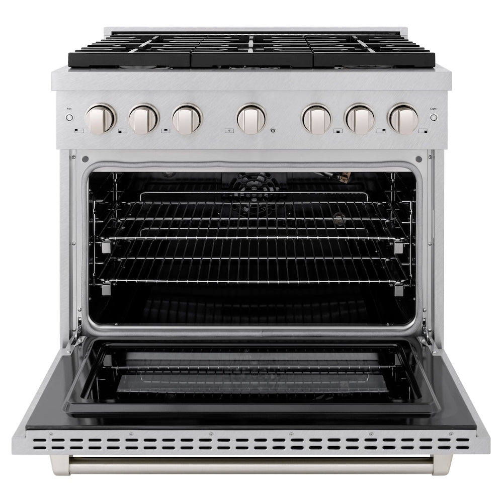 ZLINE 36 in. 5.2 cu. ft. Paramount Gas Range with Convection Gas Oven in Satin Stainless Steel with 6 Brass Burners (SGRS-BR-36) front, oven open.