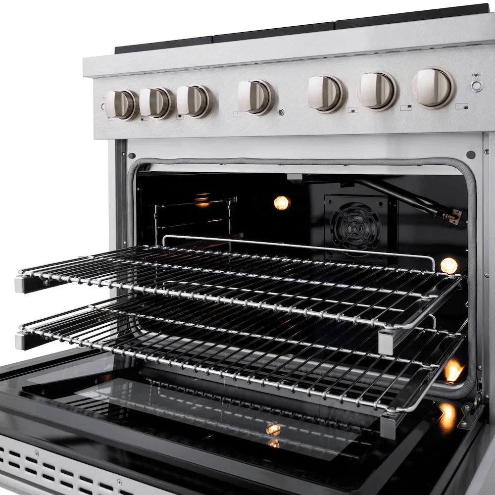 ZLINE 36 in. 5.2 cu. ft. Paramount Gas Range with Convection Gas Oven in Satin Stainless Steel with 6 Brass Burners (SGRS-BR-36) front, oven open showing interior racks and lights.
