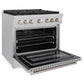 ZLINE 36 in. 5.2 cu. ft. Paramount Gas Range with Convection Gas Oven in Satin Stainless Steel with 6 Brass Burners (SGRS-BR-36) side, oven open.