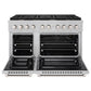 ZLINE 48 in. 6.7 cu. ft. Paramount Double Oven Gas Range in Satin Stainless Steel with 8 Brass Burners (SGRS-BR-48) front, oven open.