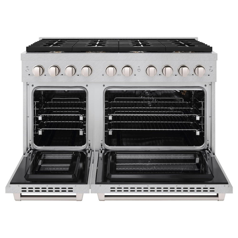 ZLINE 48 in. 6.7 cu. ft. Paramount Double Oven Gas Range in Satin Stainless Steel with 8 Brass Burners (SGRS-BR-48) front, oven open.