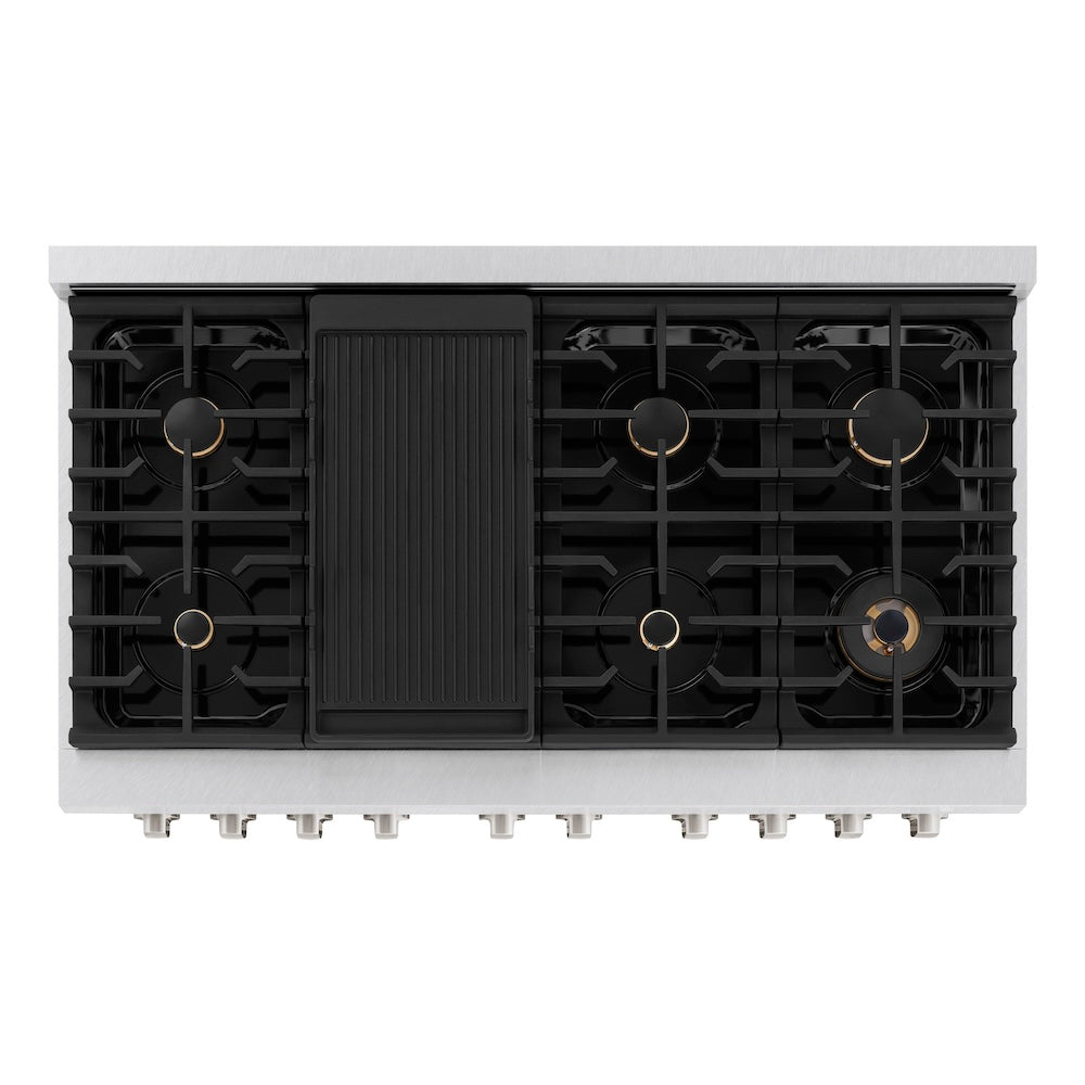 ZLINE 48 in. 6.7 cu. ft. Paramount Double Oven Gas Range in Satin Stainless Steel with 8 Brass Burners (SGRS-BR-48) top-down, above cooktop.