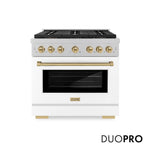 ZLINE Autograph Edition 36 in. 5.2 cu. ft. Paramount Dual Fuel Range with 6 Burner DuoPro™ Cooktop and Electric Convection Oven in Satin Stainless Steel with White Matte Door and Champagne Bronze Accents (PSDRSZ-WM-36-CB) front, with DuoPro™ logo.
