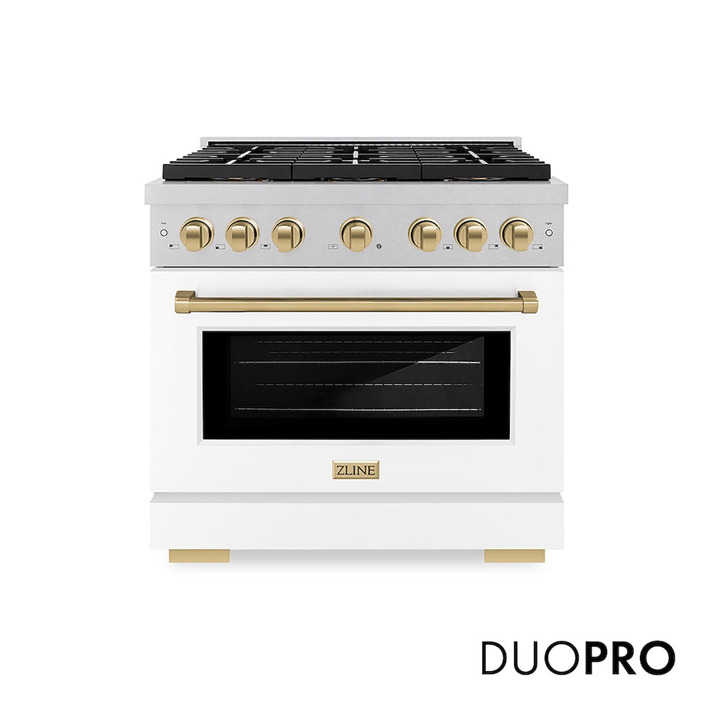 ZLINE Autograph Edition 36 in. 5.2 cu. ft. Paramount Dual Fuel Range with 6 Burner DuoPro™ Cooktop and Electric Convection Oven in Satin Stainless Steel with White Matte Door and Champagne Bronze Accents (PSDRSZ-WM-36-CB) front, with DuoPro™ logo.