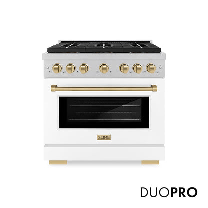 ZLINE Autograph Edition 36 in. 5.2 cu. ft. Paramount Dual Fuel Range with 6 Burner DuoPro™ Cooktop and Electric Convection Oven in Satin Stainless Steel with White Matte Door and Champagne Bronze Accents (PSDRSZ-WM-36-CB) front, with DuoPro™ logo.