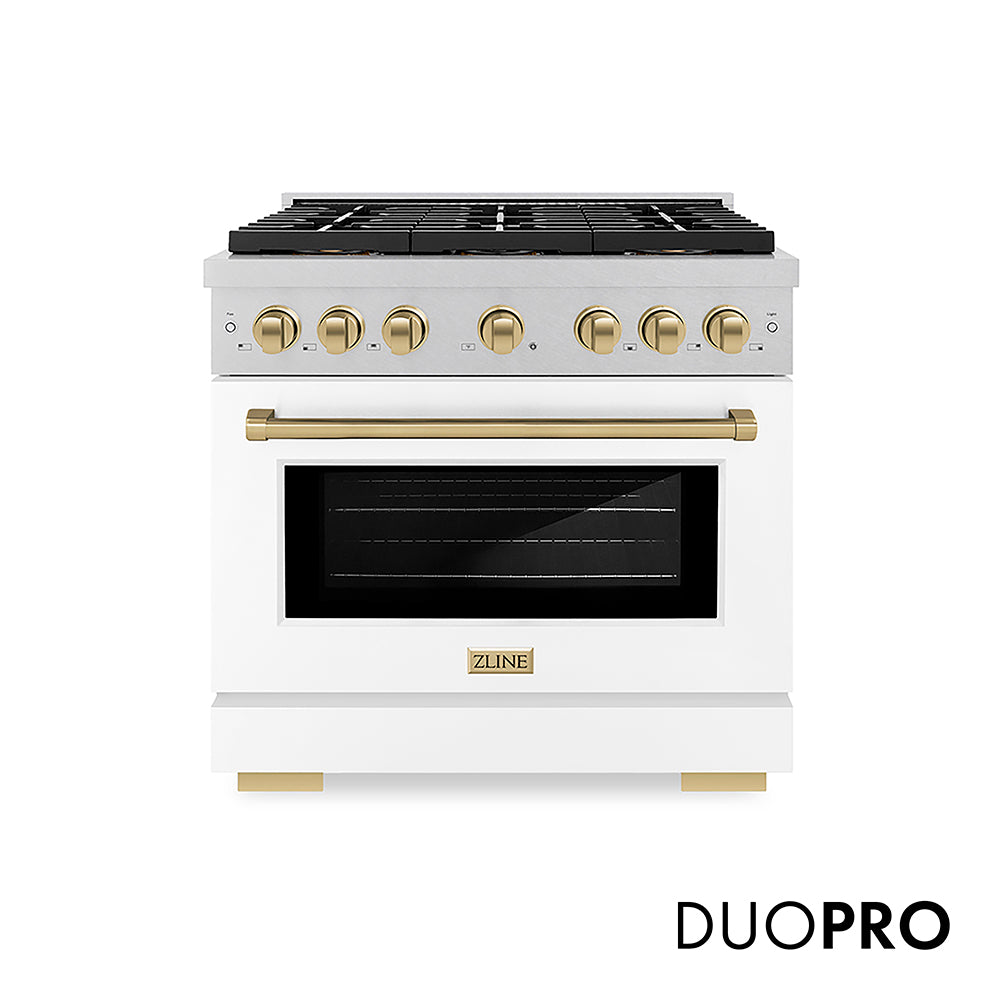 ZLINE Autograph Edition 36 in. 5.2 cu. ft. Paramount Dual Fuel Range with 6 Burner DuoPro™ Cooktop and Electric Convection Oven in Satin Stainless Steel with White Matte Door and Champagne Bronze Accents, Open Box-Great Condition main image.