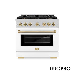 ZLINE Autograph Edition 36 in. 5.2 cu. ft. Paramount Dual Fuel Range with 6 Burner DuoPro™ Cooktop and Electric Convection Oven in Satin Stainless Steel with White Matte Door and Champagne Bronze Accents, Open Box-Great Condition main image.