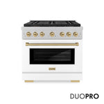 ZLINE Autograph Edition 36 in. 5.2 cu. ft. Paramount Dual Fuel Range with 6 Burner DuoPro™ Cooktop and Electric Convection Oven in Satin Stainless Steel with White Matte Door and Champagne Bronze Accents, Open Box-Good Condition