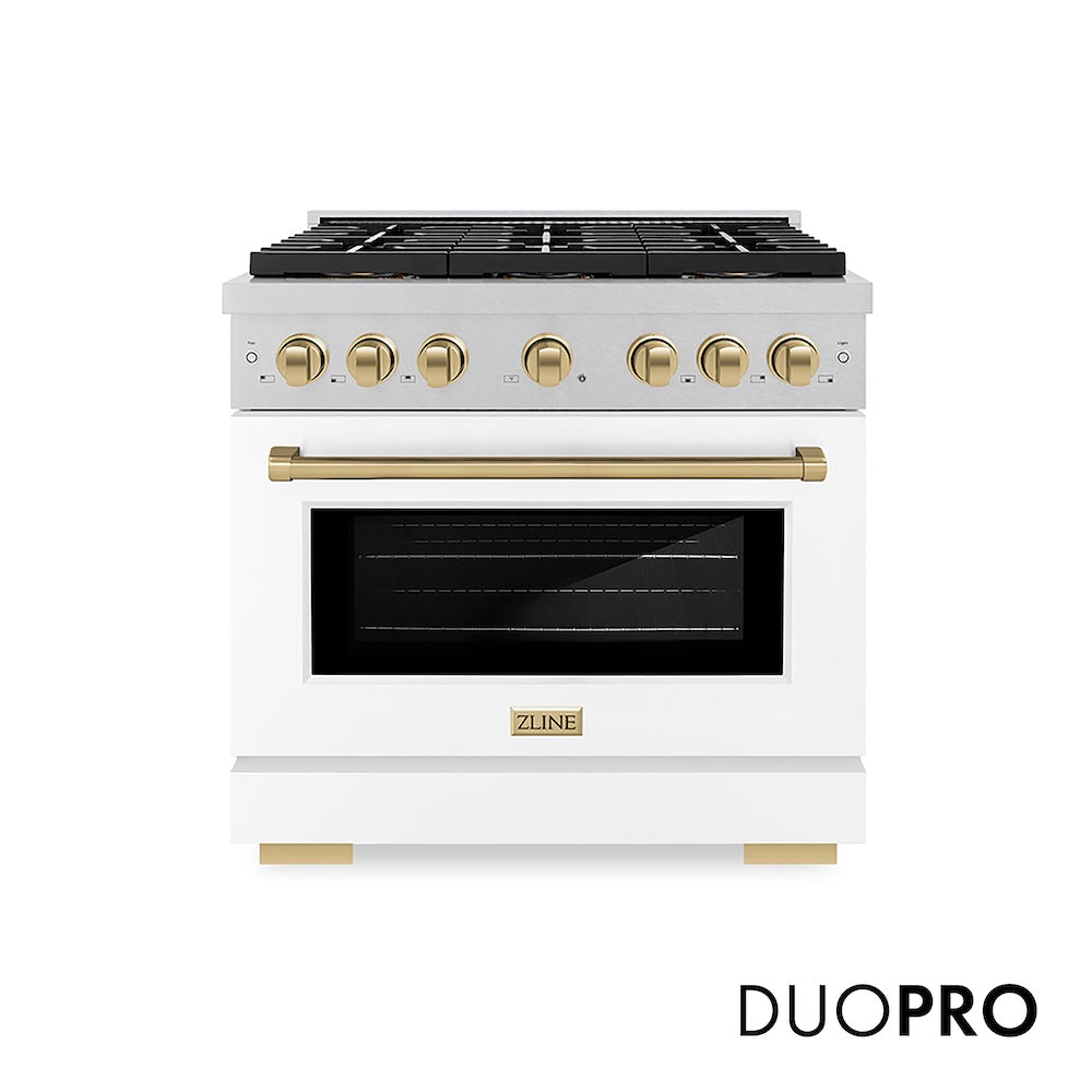 ZLINE Autograph Edition 36 in. 5.2 cu. ft. Paramount Dual Fuel Range with 6 Burner DuoPro™ Cooktop and Electric Convection Oven in Satin Stainless Steel with White Matte Door and Champagne Bronze Accents, Open Box-Good Condition