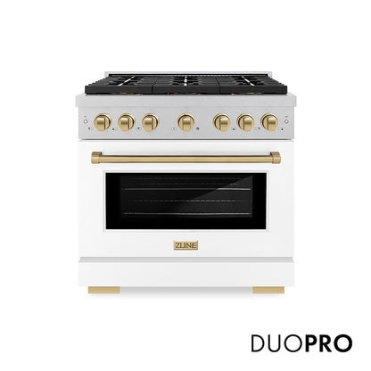ZLINE Autograph Edition 36 in. 5.2 cu. ft. Paramount Dual Fuel Range with 6 Burner DuoPro™ Cooktop and Electric Convection Oven in Satin Stainless Steel with White Matte Door and Champagne Bronze Accents, Open Box-Good Condition
