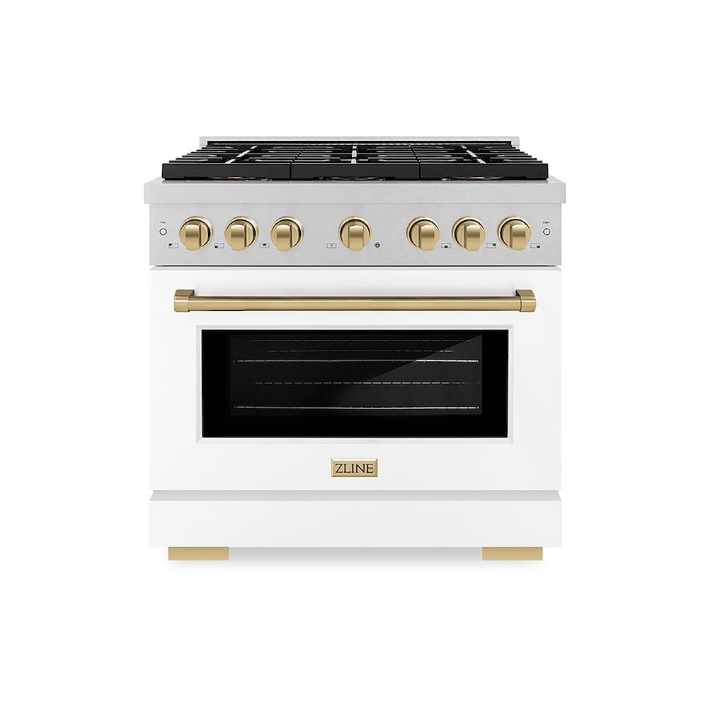 ZLINE Autograph Edition 36 in. 5.2 cu. ft. Paramount Dual Fuel Range with 6 Burner DuoPro™ Cooktop and Electric Convection Oven in Satin Stainless Steel with White Matte Door and Champagne Bronze Accents, Open Box-Good Condition