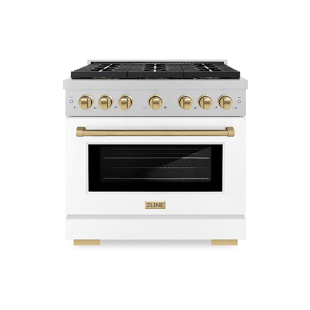 ZLINE Autograph Edition 36 in. 5.2 cu. ft. Paramount Dual Fuel Range with 6 Burner DuoPro™ Cooktop and Electric Convection Oven in Satin Stainless Steel with White Matte Door and Champagne Bronze Accents (PSDRSZ-WM-36-CB) front.