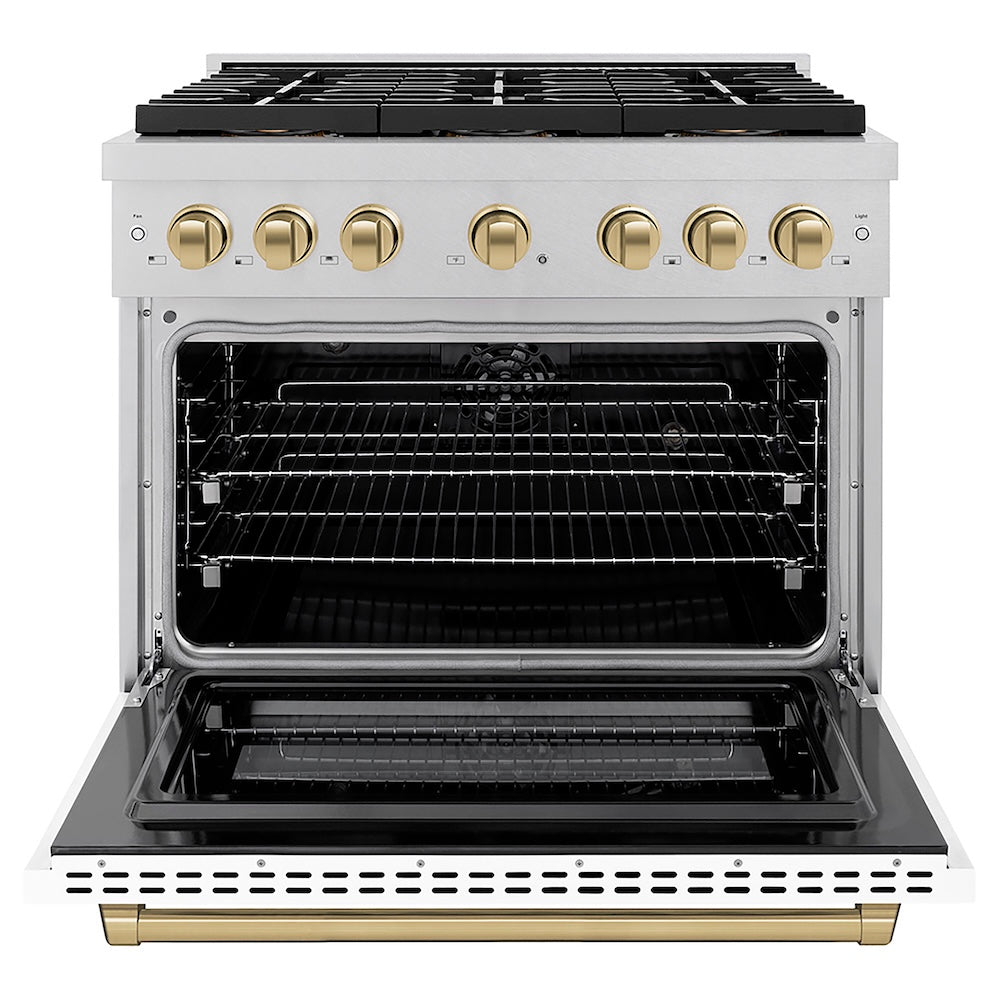 ZLINE Autograph Edition 36 in. 5.2 cu. ft. Paramount Dual Fuel Range with 6 Burner DuoPro™ Cooktop and Electric Convection Oven in Satin Stainless Steel with White Matte Door and Champagne Bronze Accents, Open Box-Good Condition