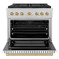 ZLINE Autograph Edition 36 in. 5.2 cu. ft. Paramount Dual Fuel Range with 6 Burner DuoPro™ Cooktop and Electric Convection Oven in Satin Stainless Steel with White Matte Door and Champagne Bronze Accents (PSDRSZ-WM-36-CB) front, oven open.
