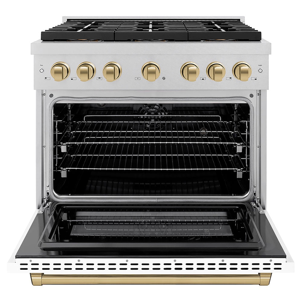 ZLINE Autograph Edition 36 in. 5.2 cu. ft. Paramount Dual Fuel Range with 6 Burner DuoPro™ Cooktop and Electric Convection Oven in Satin Stainless Steel with White Matte Door and Champagne Bronze Accents (PSDRSZ-WM-36-CB) front, oven open.