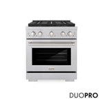 ZLINE 30 in. 4.2 cu. ft. Paramount Gas Range with 4 Burner DuoPro™ Cooktop and Convection Gas Oven in Satin Stainless Steel (PSGRS-30) front, with DuoPro™ logo.