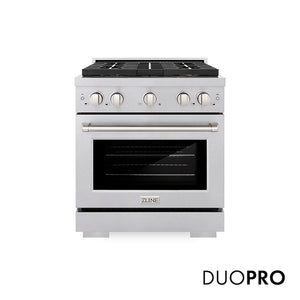 ZLINE 30 in. 4.2 cu. ft. Paramount Gas Range with 4 Burner DuoPro™ Cooktop and Convection Gas Oven in Satin Stainless Steel (PSGRS-30) main image.