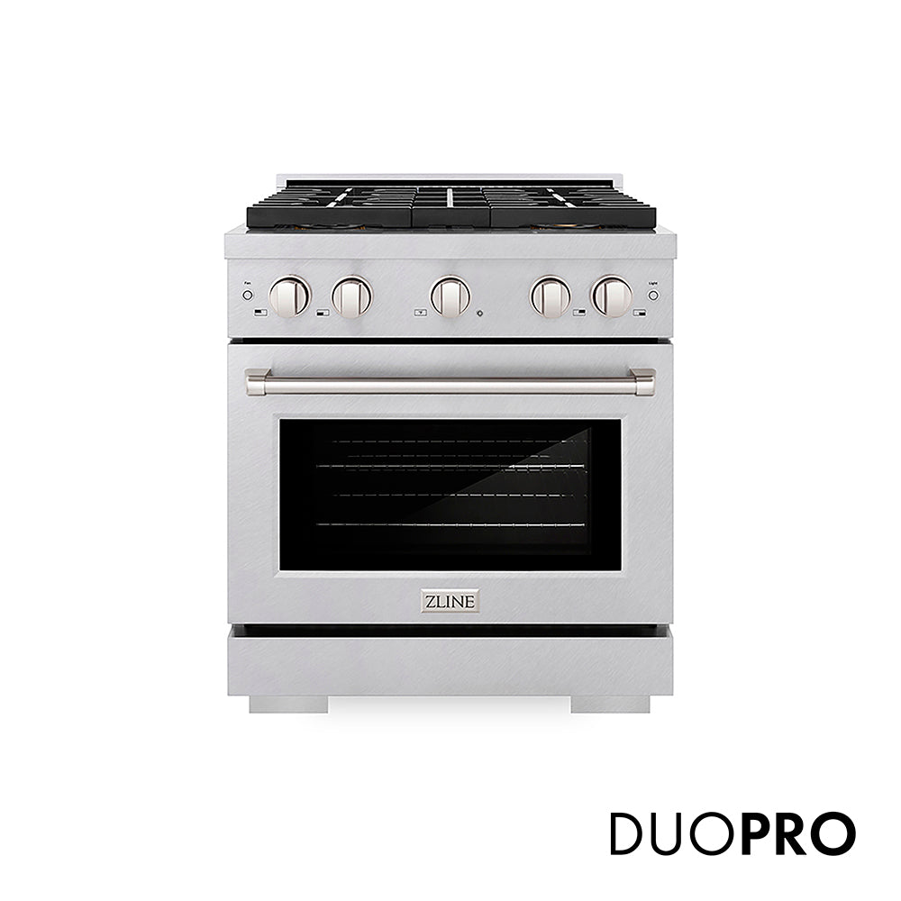 ZLINE 30 in. 4.2 cu. ft. Paramount Gas Range with 4 Burner DuoPro™ Cooktop and Convection Gas Oven in Satin Stainless Steel, Open Box-Good Condition