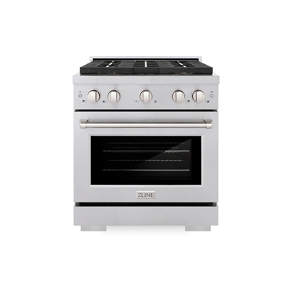 ZLINE 30 in. 4.2 cu. ft. Paramount Gas Range with 4 Burner DuoPro™ Cooktop and Convection Gas Oven in Satin Stainless Steel (PSGRS-30) front.
