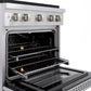 ZLINE 30 in. 4.2 cu. ft. Paramount Gas Range with 4 Burner DuoPro™ Cooktop and Convection Gas Oven in Satin Stainless Steel (PSGRS-30) side, oven open showing racks extended.