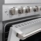 ZLINE 36 in. 5.2 cu. ft. Paramount Gas Range with 6 Burner DuoPro™ Cooktop and Convection Gas Oven in Satin Stainless Steel (PSGRS-36) oven door slightly open showing handle detail.
