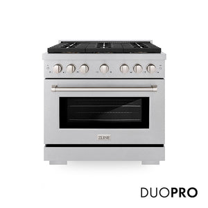 ZLINE 36 in. 5.2 cu. ft. Paramount Gas Range with 6 Burner DuoPro™ Cooktop and Convection Gas Oven in Satin Stainless Steel (PSGRS-36) main image.