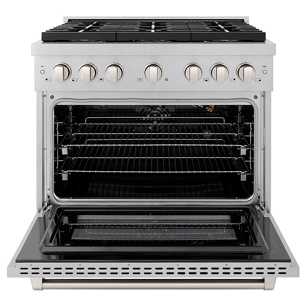 ZLINE 36 in. 5.2 cu. ft. Paramount Gas Range with 6 Burner DuoPro™ Cooktop and Convection Gas Oven in Satin Stainless Steel, Open Box-Good Condition