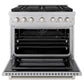 ZLINE 36 in. 5.2 cu. ft. Paramount Gas Range with 6 Burner DuoPro™ Cooktop and Convection Gas Oven in Satin Stainless Steel (PSGRS-36) front, oven open.