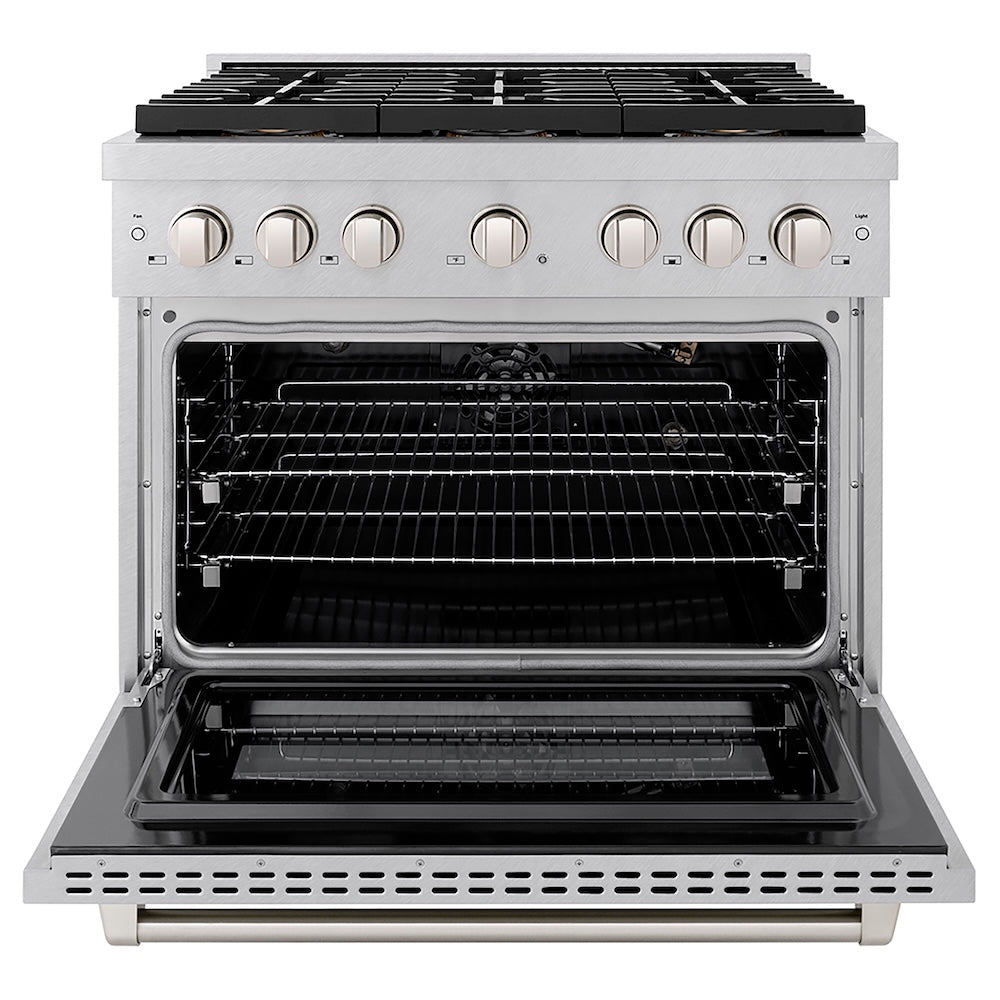 ZLINE 36 in. 5.2 cu. ft. Paramount Gas Range with 6 Burner DuoPro™ Cooktop and Convection Gas Oven in Satin Stainless Steel (PSGRS-36) front, oven open.