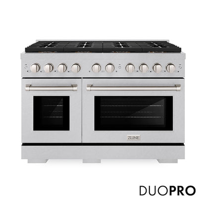 ZLINE 48 in. 6.7 cu. ft. Paramount Gas Range with 8 Burner DuoPro™ Cooktop and Dual Ovens in Satin Stainless Steel (PSGRS-48) front, with DuoPro™ logo.