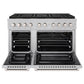 ZLINE 48 in. 6.7 cu. ft. Paramount Gas Range with 8 Burner DuoPro™ Cooktop and Dual Ovens in Satin Stainless Steel (PSGRS-48) front, oven open.