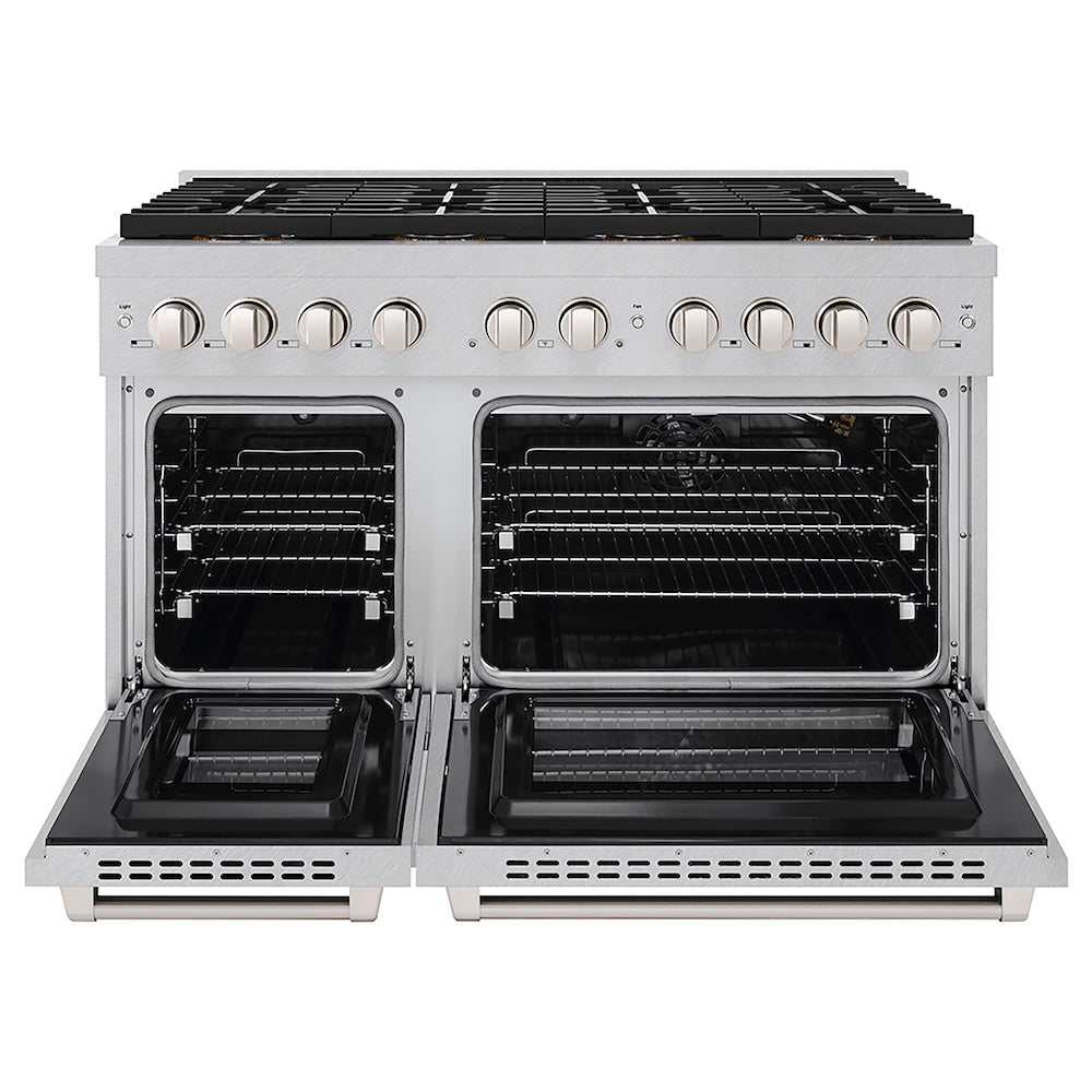 ZLINE 48 in. 6.7 cu. ft. Paramount Gas Range with 8 Burner DuoPro™ Cooktop and Dual Ovens in Satin Stainless Steel (PSGRS-48) front, oven open.