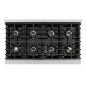 ZLINE 48 in. 6.7 cu. ft. Paramount Gas Range with 8 Burner DuoPro™ Cooktop and Dual Ovens in Satin Stainless Steel (PSGRS-48) top-down, above cooktop.