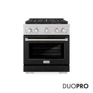 ZLINE 30 in. 4.2 cu. ft. Paramount Gas Range with 4 Burner DuoPro™ Cooktop and Convection Gas Oven in Satin Stainless Steel with Black Matte Door (PSGRS-BLM-30) main image.
