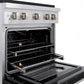ZLINE 30 in. 4.2 cu. ft. Paramount Gas Range with 4 Burner DuoPro™ Cooktop and Convection Gas Oven in Satin Stainless Steel with Black Matte Door (PSGRS-BLM-30) side, oven open showing racks extended.